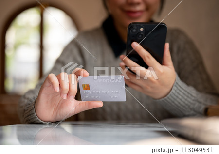 A cropped image of a satisfied Asian woman shopping online via her smartphone while sitting indoors. 113049531