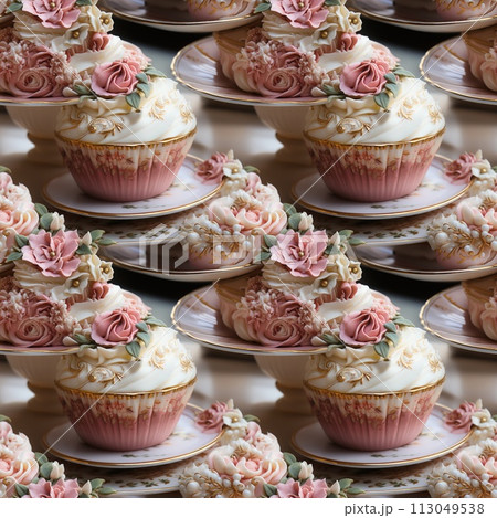 Pattern cupcakes decorated with pink flowers on...のイラスト素材 [113049538 ...