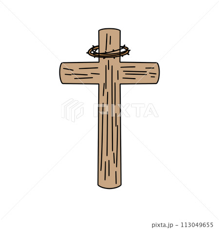A wooden cross with a crown of thorns on top A wooden cross with a crown of thorns on top 113049655