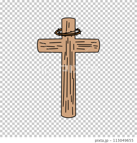 A wooden cross with a crown of thorns on top A wooden cross with a crown of thorns on top 113049655