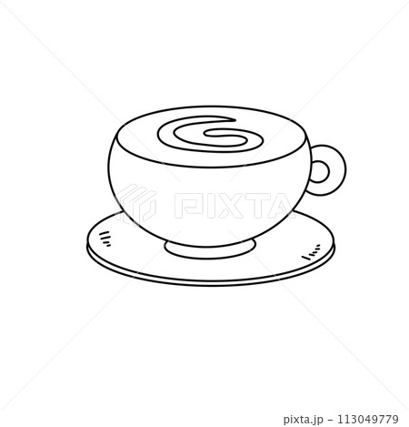 A cup with a swirl on it sits on a saucer 113049779