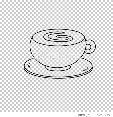 A cup with a swirl on it sits on a saucer 113049779
