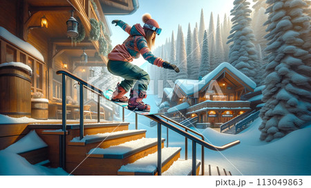 スノーボードをする女性　タイプI　DALL-E3使用 113049863