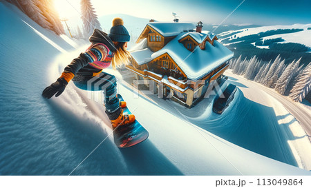 スノーボードをする女性 タイプJ DALL-E3使用 スノーボードをする女性 タイプJ DALL-E3使用 113049864