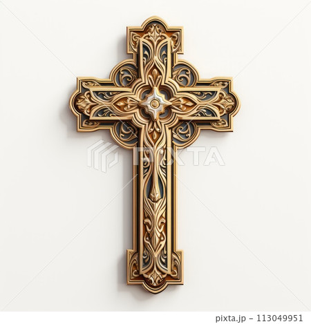 Wooden Christian cross isolated on white background. 3D illustration. 113049951