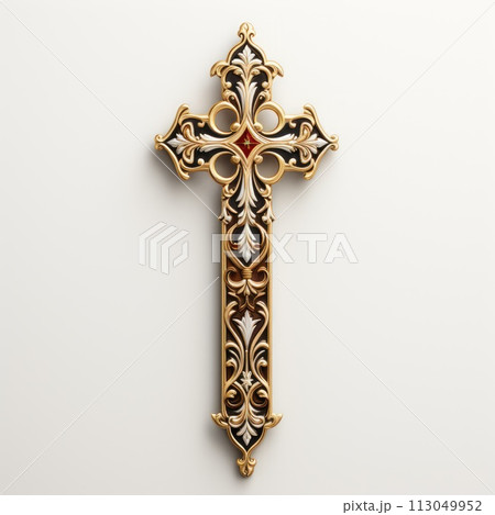 Golden cross on a white background. 3d rendering. Computer digital drawing. 113049952