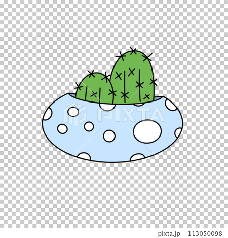 A cartoon drawing of a cactus in a blue and white bowl 113050098