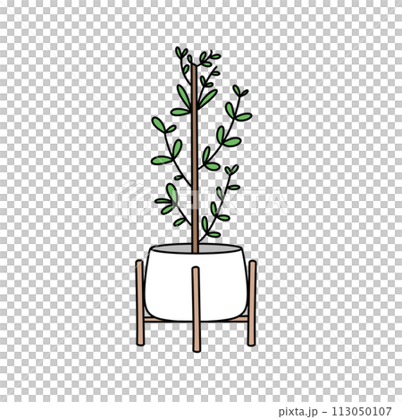 A potted plant with green leaves sits on a wooden stand 113050107