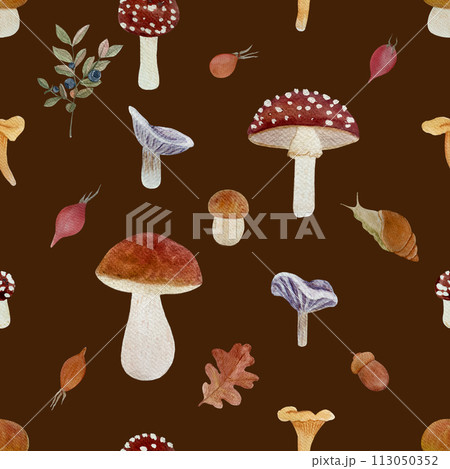 Wild mushroom watercolor seamless pattern on dark brown. Porcini, Chanterelle, Fly agaric and Collybia nuda 113050352