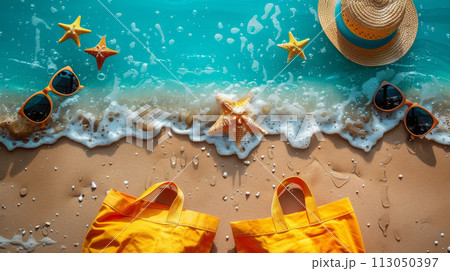 Summer Beach Yellow Shopping Bags Laid Out on Sand by the Sea. Summer Sale Concept 113050397