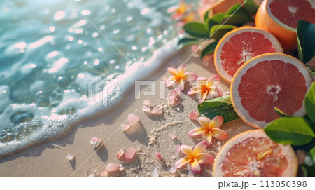 Oranges and Grapefruits with Dynamic Water Splash on Sand Beach. Summer vacation Background 113050398