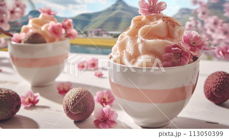Lychee Soft Ice Cream Dessert with Flowers. Lychee Soft Ice Cream Dessert with Flowers. 113050399