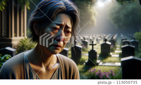 墓場で泣くアジア人女性　タイプA　GPT4　DALL-E3使用 113050735