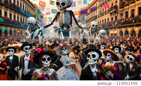 A large group of skeleton figures, in a Day of the Dead parade. 113051350