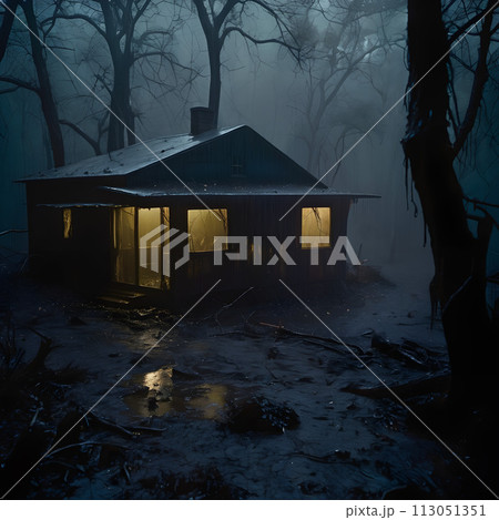 In a spooky forest, a decrepit cabin stands alone. 113051351