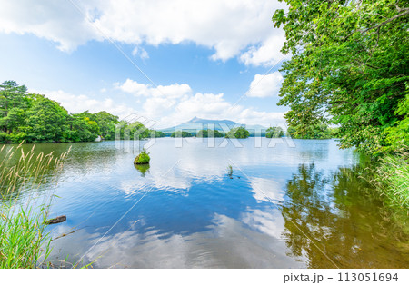 北海道　夏の大沼国定公園　大沼越しに見る北海道駒ヶ岳 113051694