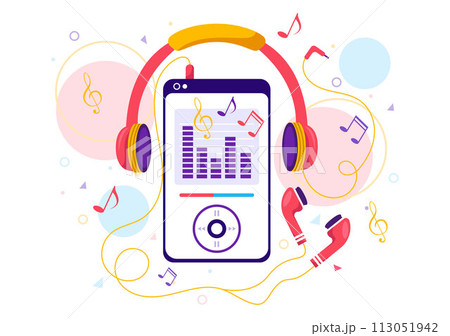 MP3 Player Vector Illustration with Musical Notation, Headphones, Headset and Phone of Music Listening Devices in Mobile App on Flat Background MP3 Player Vector Illustration with Musical Notation, Headphones, Headset and Phone of Music Listening Devices in Mobile App on Flat Background 113051942