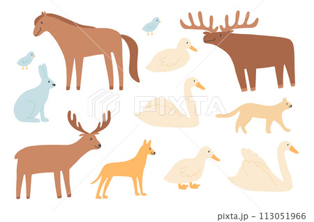 A set of animals that can be found on the street. Collection of deer, elk, hare, cat, dog, swan. Vector hand drawn illustration. 113051966