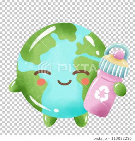 Handdrawn Crayon Illustration of Earth day Clipart, Earth green globe eco friendly environment awareness earth holidng a reusable water bottle  113052250