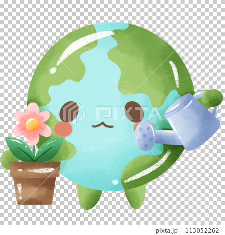 Handdrawn Crayon Illustration of Earth day Clipart, Earth green globe eco friendly environment awareness Earth holding two pink flowers  113052262