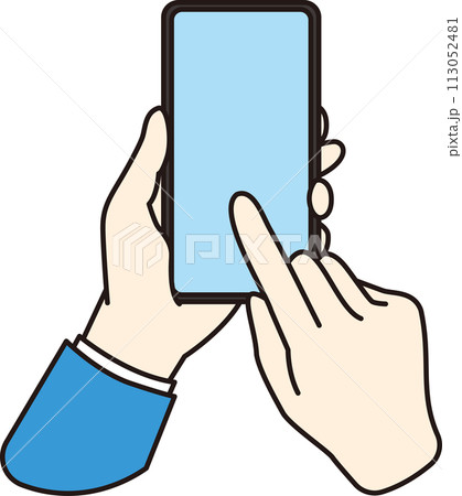 スマートフォンをタップする手元のクローズアップのイラスト スマートフォンをタップする手元のクローズアップのイラスト 113052481