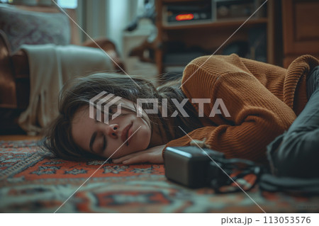 Woman received electric shock when disconnected from mains and lies on floor 113053576