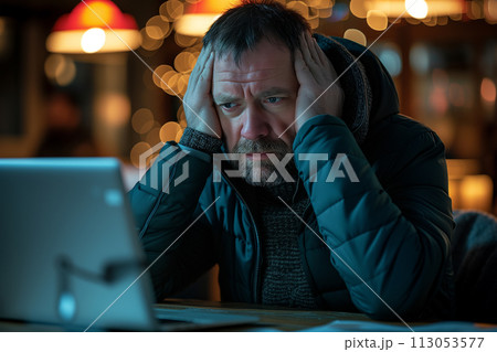 Stressed man with head in hands sitting at desk 113053577