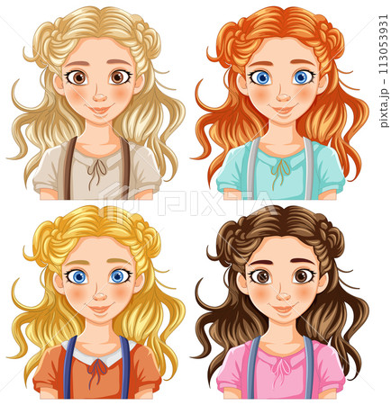 Diverse Cartoon Girls Portraits Collection 113053931