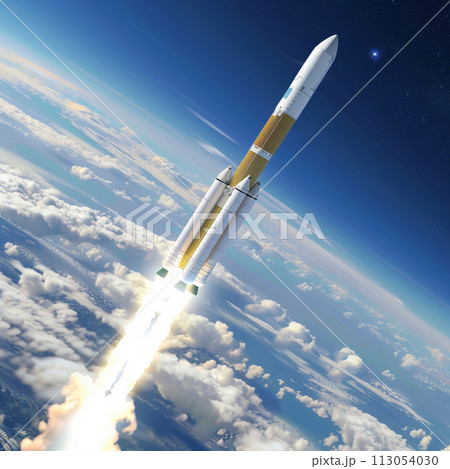 宇宙空間へ発射され、宙を飛ぶロケット 113054030