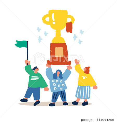 トロフィーを掲げる人々のシンプルでフラットなイラスト 113054206