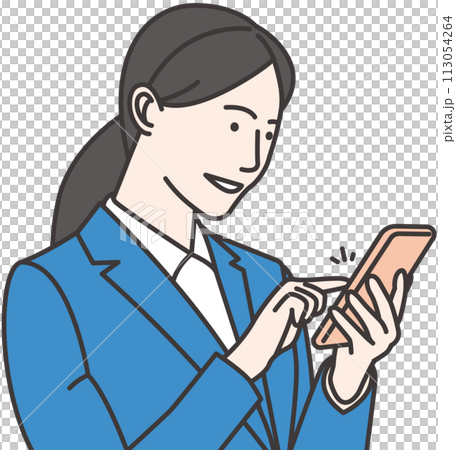 A woman in a business suit tapping on a smartphone A woman in a business suit tapping on a smartphone 113054264