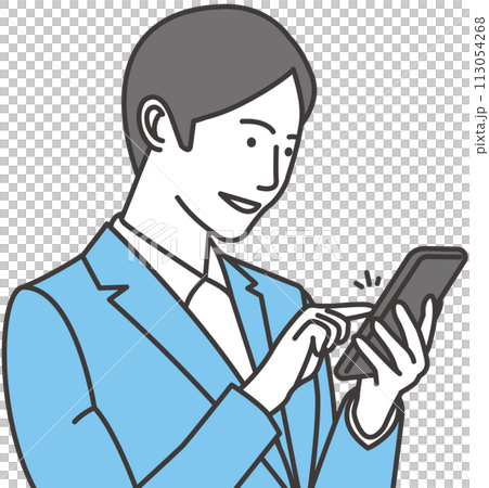 A man in a business suit tapping on a smartphone A man in a business suit tapping on a smartphone 113054268