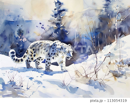 雪の中を歩くユキヒョウ AI画像 雪の中を歩くユキヒョウ AI画像 113054319