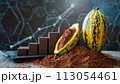 Cocoa fruit with dark chocolate and chocolate powder on the stock trading board graph in the background 113054461
