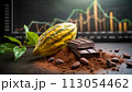 Cocoa fruit with dark chocolate and chocolate powder on the stock trading board graph in the background 113054462
