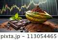 Cocoa fruit with dark chocolate and chocolate powder on the stock trading board graph in the background 113054465