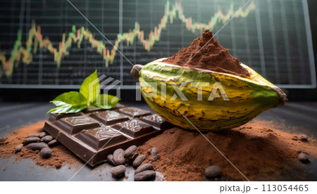 Cocoa fruit with dark chocolate and chocolate powder on the stock trading board graph in the background Cocoa fruit with dark chocolate and chocolate powder on the stock trading board graph in the background 113054465