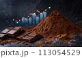 Dark chocolate Dark chocolate and chocolate powder on the stock trading board graph in the backgroundand chocolate powder on the stock trading board graph in the background 113054529