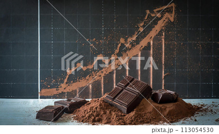Dark chocolate Dark chocolate and chocolate powder on the stock trading board graph in the backgroundand chocolate powder on the stock trading board graph in the background 113054530