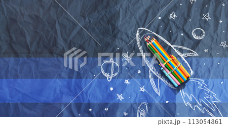 Back to school theme with hand drawn rocket and colored pencils 113054861