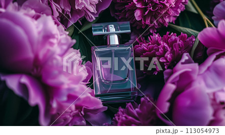 Perfume bottle in flowers, fragrance on blooming background, floral scent and cosmetic product 113054973