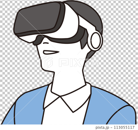 Illustration of a smiling man wearing VR goggles 113055117