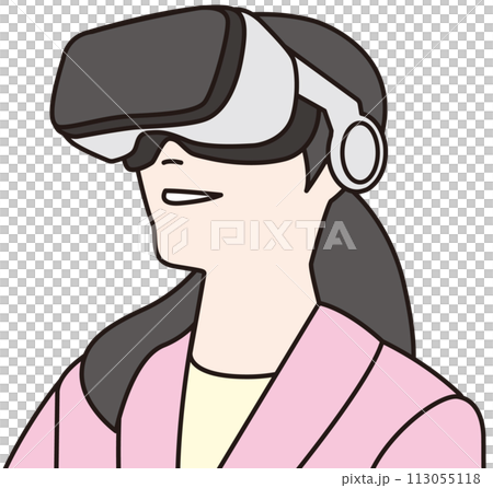 Illustration of a smiling woman wearing VR goggles 113055118