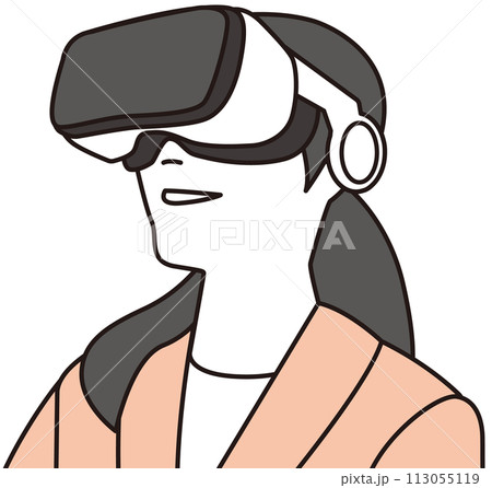 VRゴーグルを装着した笑顔の女性のイラスト VRゴーグルを装着した笑顔の女性のイラスト 113055119