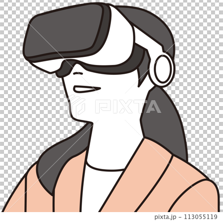 Illustration of a smiling woman wearing VR goggles Illustration of a smiling woman wearing VR goggles 113055119