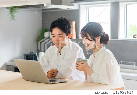 パソコンを見ながらリラックスして会話する仲良しの夫婦（ディンクス・カップル・くつろぐ） 113055614