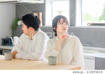 ダイニングに座る冷めた表情の若い夫婦・カップル（夫婦関係・倦怠期・マンネリ・仮面夫婦・夫婦喧嘩） 113055619