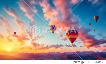 Group of hot air balloons flying in the sky 113056047