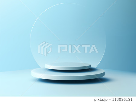 3D blue podium stand with circle glass backdrop is perfect for modern interior concept product display mockups. The stand is set on a floor and soft blue background 113056151