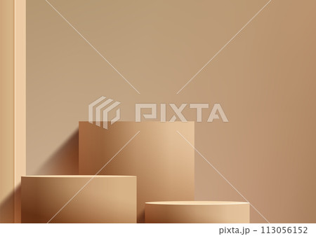 3D brown three podiums in various sizes sits on a beige background, Minimal style, Product display, Mockup, Showcase, Showroom presentation 113056152